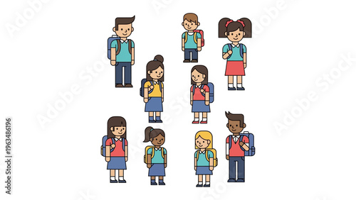 School Children Standing Together: A group of diverse school children, each with their backpacks, stands together as they represent the youthful future. 