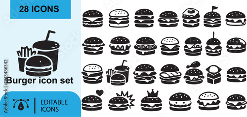 A playful vector set of food icons featuring burgers, pizza, cake, sandwiches, and coffee in a vintage cartoon style for festive themes like Halloween and Easter