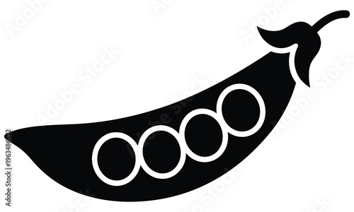 Black vector graphic illustration of a pea pod with four white circles on a white background