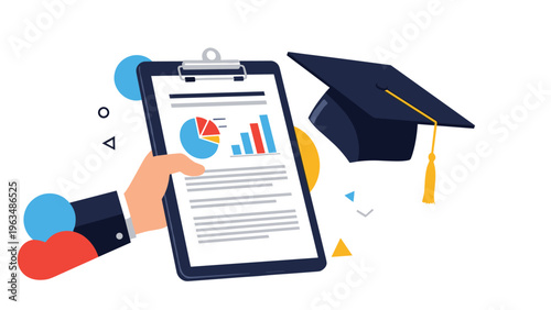 Hand holding a clipboard with data charts and a graduation cap floating nearby, illustrating educational achievements or academic reports.