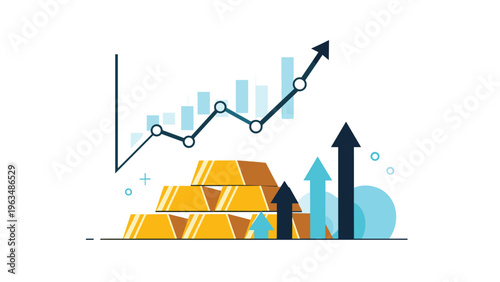 Stacks of gold bars with multiple blue arrows pointing upwards and a rising line graph, symbolizing significant financial gains and growth.