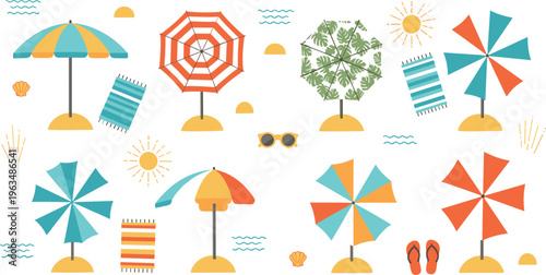 Colorful beach umbrellas and summer accessories set with towels sunglasses flip flops and sunny seaside elements vector illustration collection