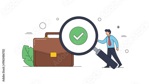 Businessman using large magnifying glass to inspect green checkmark symbol near professional briefcase for quality assurance.