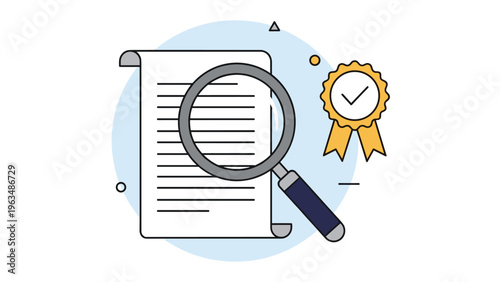 Legal document verification process with magnifying glass and gold certification seal symbolizing high quality or authenticity.