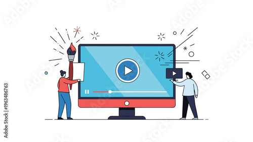 Creative video production team working on digital content with large monitor and paintbrush for artistic multimedia development.