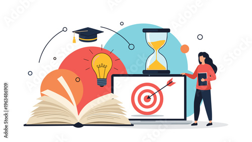Education and learning goals illustration featuring open book, student, knowledge lightbulb, time management hourglass, and target.
