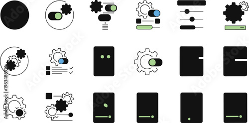 Mobile app settings and automation icons set with sliders gears interface controls smart technology and digital system configuration concepts