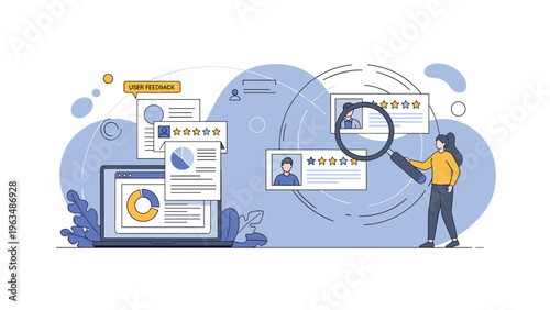 Customer experience analysis showing woman with magnifying glass reviewing user feedback and five-star ratings on dashboard.
