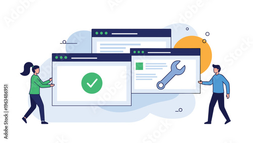 Website maintenance and optimization services showing team members holding browser screens for repair and verification.