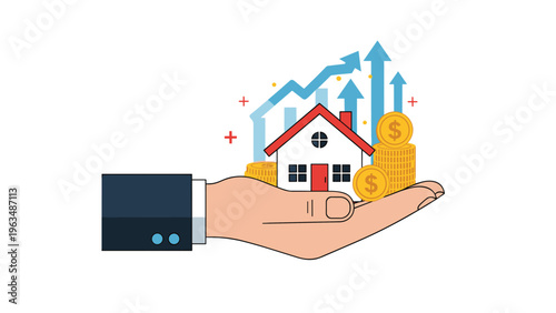 Real estate investment and property value growth concept showing hand holding house with coins and rising market trends.
