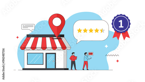 Successful local business concept featuring shop with high ratings, location pin, and first place award medal.