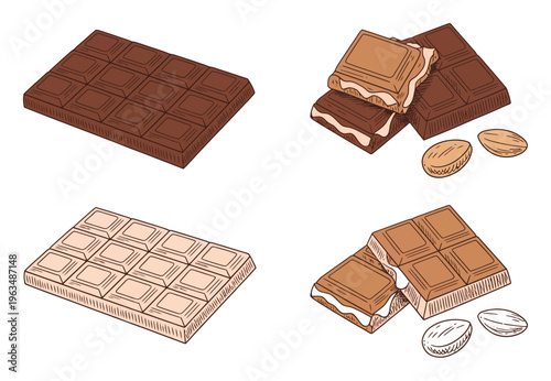 Assortment of Chocolate Bars and Almonds in a Hand-Drawn Style