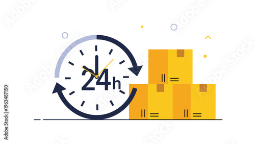 Twenty-four hour delivery and logistics service concept featuring round-the-clock timer and various parcel shipping boxes.