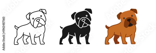 Cute Dog Illustration Set, Bulldog Puppy Cartoon Vector, Dog Icon Collection, Pet Silhouette and Flat Animal Character Design