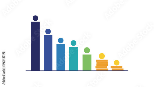 Demographic income distribution or cost reduction chart with colorful bars and coin stacks representing financial data.