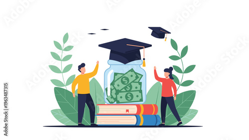 Education savings and scholarship funding concept with graduation cap on money jar and happy students celebrating.