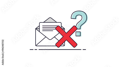Email delivery error or spam message inquiry illustration with envelope, cancellation mark, and question symbol.