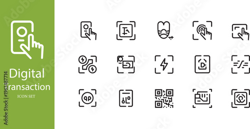 Digital Transaction and QR Code Mobile Payment Line Icon Set for Contactless Fintech