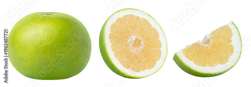 Bilde på lerret Whole pomelit, pomelo, oroblanco, sweetie grapefruit fruit and cut in a half of sweetie grapefruit and slice of pomelit without shadow isolated