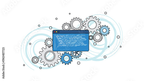 Software development and computer programming concept featuring website coding window and industrial gear wheels.