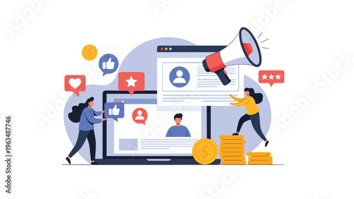 Social media marketing and influencer promotion strategy featuring megaphone and engagement icons on computer.