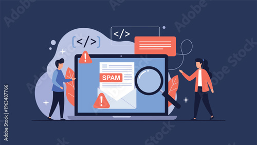 Email security and spam filter analysis concept showing professional team reviewing suspicious messages and website code.