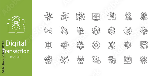 Digital Transaction and AI Financial Data Network Line Icon Set for Fintech Analysis