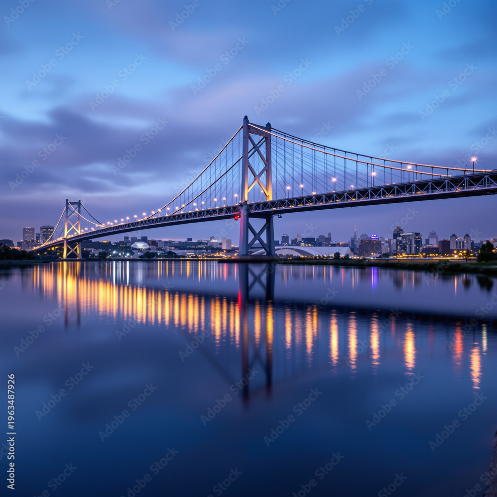 Obraz premium Iconic Bridge Reflected in Calm River at Dusk