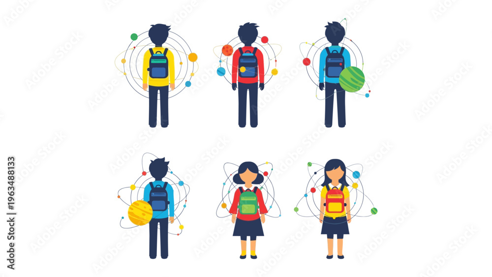Fototapeta premium School Time Ready: Vector illustration of school kids, each showcasing different colored bags with science concept decoration. They're all geared up to embark on their learning journey.