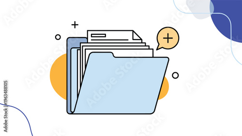 Digital document folder icon with multiple sheets of paper and a speech bubble with a plus sign for easy file management.