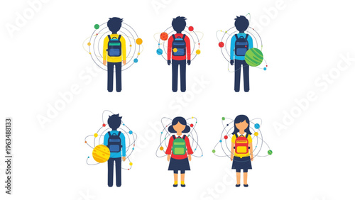 School Time Ready: Vector illustration of school kids, each showcasing different colored bags with science concept decoration. They're all geared up to embark on their learning journey.