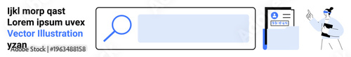 Digital identity, online search, user verification, authentication systems, modern technology, user interface design. Search bar and magnifying glass, user profile display with a character. Digital