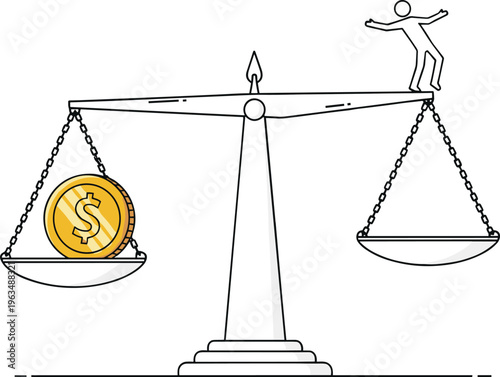 Balance scale illustration with gold coin and human figure weighing against each other, symbolizing money, ethics, value, decision-making, and financial themes