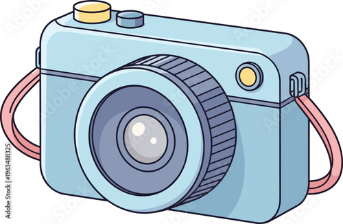Cartoon camera illustration with blue body, gold and yellow buttons, large circular lens, and pink strap, symbolizing photography, creativity, travel, hobby, and lifestyle themes