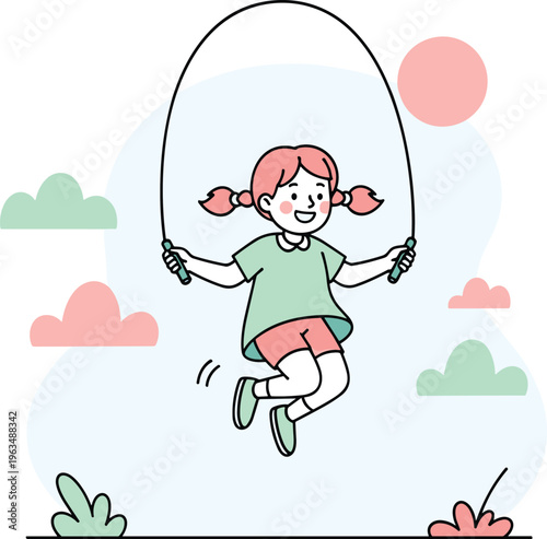 Cartoon child with red pigtails jumping rope outdoors, wearing green shirt and red shorts, playful activity illustration symbolizing childhood, exercise, fun, and outdoor lifestyle themes