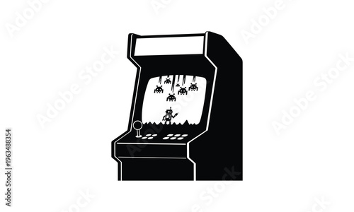 Retro arcade cabinet displaying a pixelated space shooter game in progress