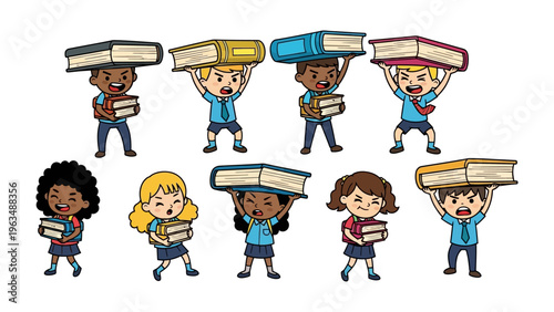 Kids Carrying the weight of knowledge: Group of children in uniform carry heavy book on their head, symbolizing education and knowledge