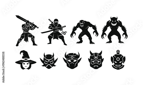 Collection of fantasy and mythical warrior and creature icons in black and white