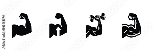 Muscle arm flex icon set. Bicep strength fitness gym bodybuilding, dumbbell workout vector silhouette isolated on white background