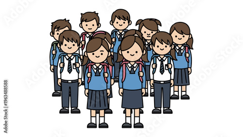 School Children's Collective: A group of school children stand closely together in a demonstration of unity, their expressions cheerful and hopeful, ready for another day of learning and exploration.