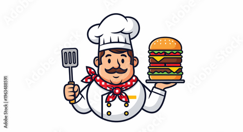 Cartoon chef holding a burger.