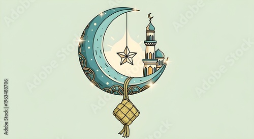 Islamic crescent moon and mosque illustration featuring a teal crescent, gold details, minarets, a hanging star, and a ketupat decoration on a light green background. Ideal for Ramadan, Eid al-Fitr, a