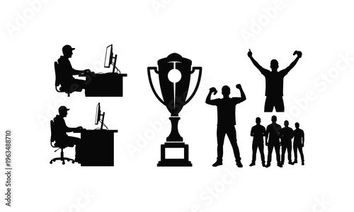 Silhouettes of triumphant individuals and teamwork with a trophy and computer users