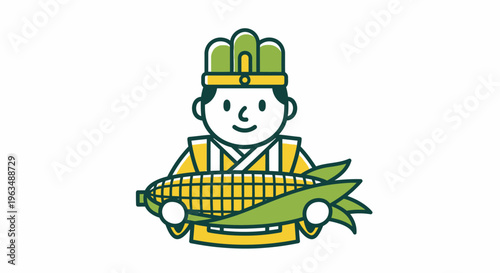 Cartoon farmer holding corn illustration.