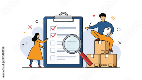 Workers checking a large clipboard list while sitting on stacked cardboard boxes in a busy warehouse or delivery service concept.