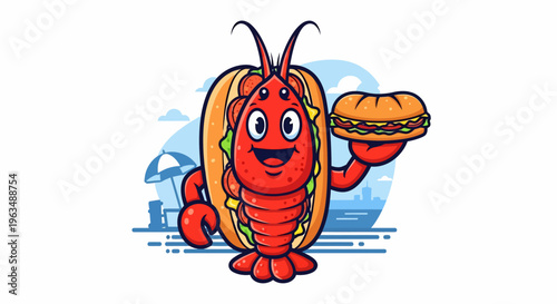 Cartoon lobster holding a hamburger.