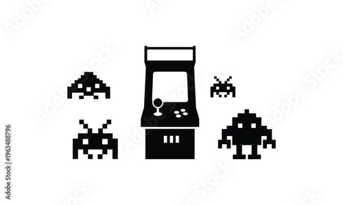 Classic arcade game featuring pixelated alien invaders and an arcade cabinet