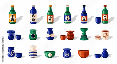 Collection of sake bottles and cups.