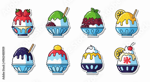 Colorful cartoon dessert bowls with toppings.