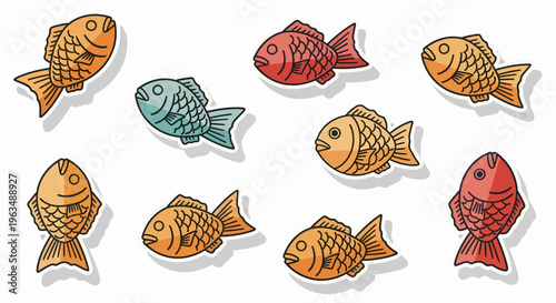 Colorful cartoon fish swimming together.